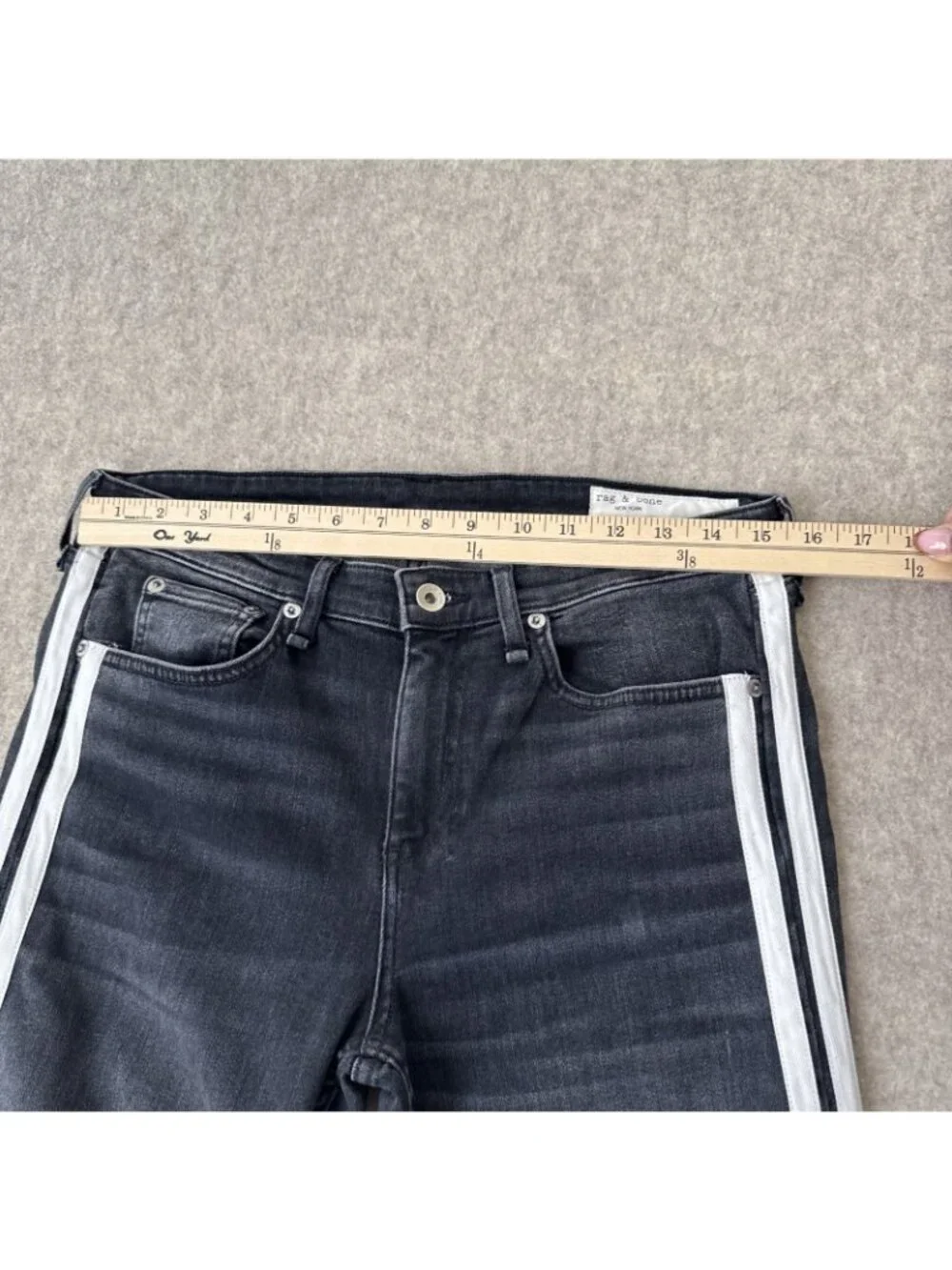 Rag‎ Bone Cate Flare Jeans Womens 29 Charcoal Stripe Mid Rise Ankle Cropped Raw